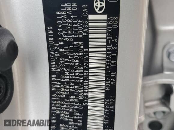 2024 Toyota Corolla LE with VIN 5YFB4MDE3RP228510, listed as a Copart auction lot 83956975 with 26,934 mi miles and Clean title. Bid and sale history available at DreamBid. Image 12.