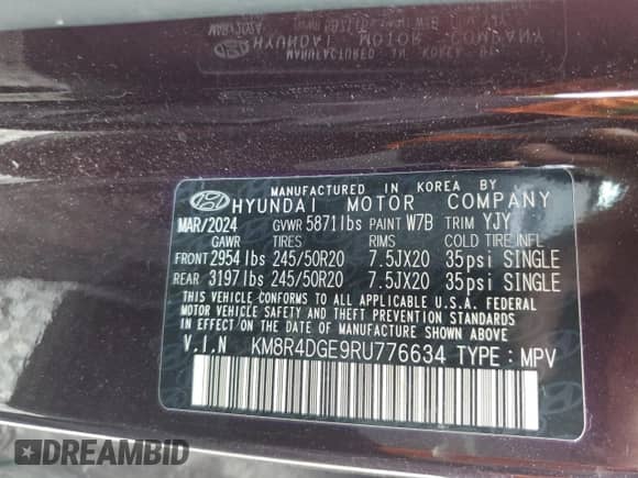 2024 Hyundai Palisade SEL с VIN KM8R4DGE9RU776634, выставлен на аукционе Copart как лот 64207275 с пробегом Не указан миль и Списание • Salvage title. История ставок и продаж доступна на DreamBid. Изображение 13.