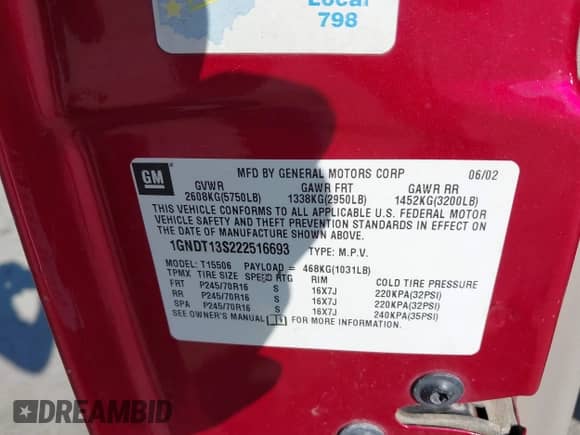 2002 Chevrolet TrailBlazer LS z VIN 1GNDT13S222516693, wystawiony jako IAAI lot #42197823 z przebiegiem 123 424 mil mil oraz . Historia ofert i sprzedaży dostępna na DreamBid. Obrazek 9.