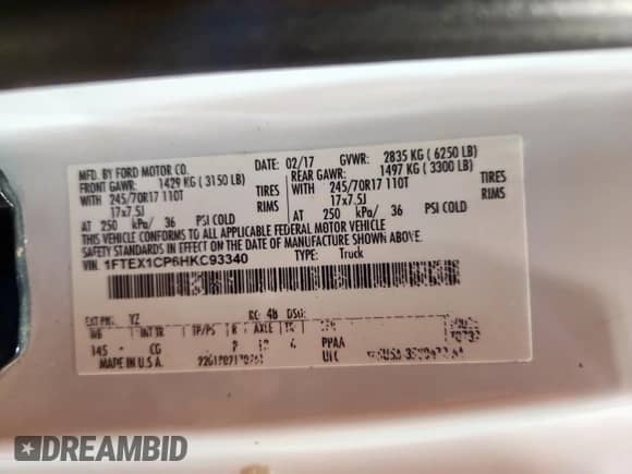 2017 Ford F-150 XL with VIN 1FTEX1CP6HKC93340, listed as a Copart auction lot 85694935 with 180,118 mi miles and Clean title. Bid and sale history available at DreamBid. Image 12.