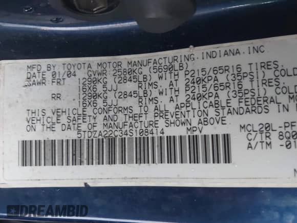 2004 Toyota Sienna XLE z VIN 5TDZA22C34S108414, wystawiony jako IAAI lot #43567821 z przebiegiem 298 655 mil mil oraz . Historia ofert i sprzedaży dostępna na DreamBid. Obrazek 9.