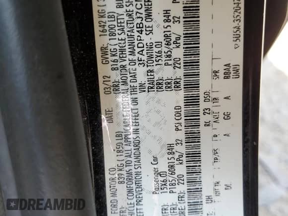 2012 Ford Fiesta SE с VIN 3FADP4BJ7CM186363, выставлен на аукционе Copart как лот 70279645 с пробегом 147 483 миль миль и Списание • Salvage title. История ставок и продаж доступна на DreamBid. Изображение 12.