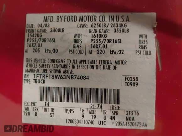 2003 Ford F-150 XL z VIN 1FTRF18W63NB74084, wystawiony jako IAAI lot #41516151 z przebiegiem 216 235 mil mil oraz . Historia ofert i sprzedaży dostępna na DreamBid. Obrazek 9.