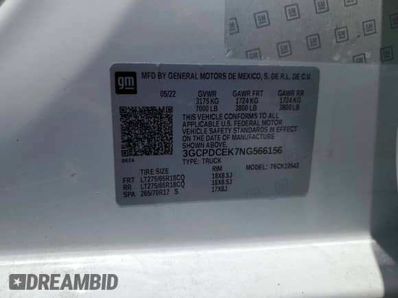2022 Chevrolet Silverado 1500 Custom Trail Boss с VIN 3GCPDCEK7NG566156, выставлен на аукционе Copart как лот 64848815 с пробегом 74 084 миль миль и Списание • Salvage title. История ставок и продаж доступна на DreamBid. Изображение 12.