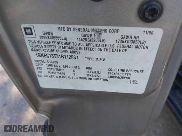 2001 Chevrolet Tahoe LS with VIN 1GNEC13T31R112837, listed as a IAAI auction lot 37967823 with Not provided miles and . Bid and sale history available at DreamBid. Image 9.