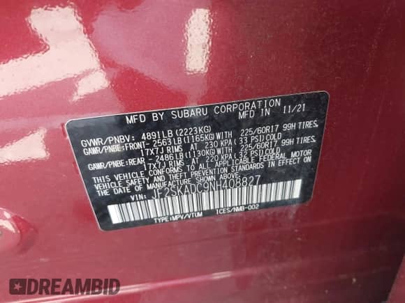 2022 Subaru Forester Premium z VIN JF2SKADC9NH408827, wystawiony jako IAAI lot #42777157 z przebiegiem 41 526 mil mil oraz . Historia ofert i sprzedaży dostępna na DreamBid. Obrazek 9.