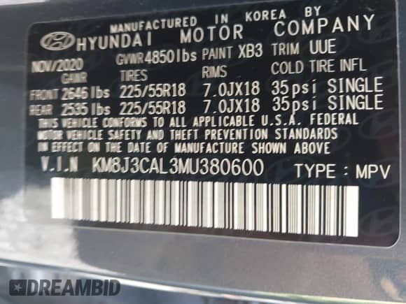 2021 Hyundai Tucson Sport with VIN KM8J3CAL3MU380600, listed as a IAAI auction lot 43050098 with 37,378 mi miles and . Bid and sale history available at DreamBid. Image 9.