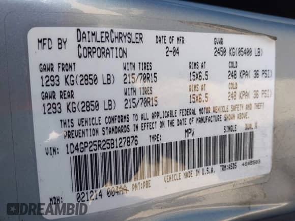 2005 Dodge Caravan SE with VIN 1D4GP25R25B127876, listed as a IAAI auction lot 43451521 with 318,666 mi miles and . Bid and sale history available at DreamBid. Image 9.