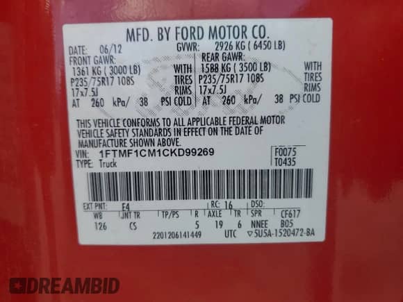 2012 Ford F-150 XL with VIN 1FTMF1CM1CKD99269, listed as a Copart auction lot 70623545 with 170,174 mi miles and Salvage title. Bid and sale history available at DreamBid. Image 12.