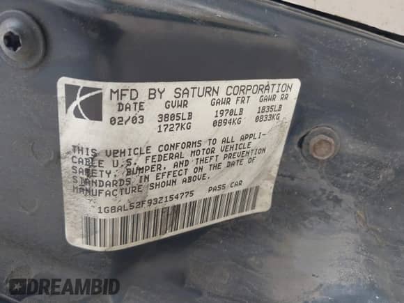 2003 Saturn ION ION 3 with VIN 1G8AL52F93Z154775, listed as a IAAI auction lot 42364708 with Not provided miles and . Bid and sale history available at DreamBid. Image 9.