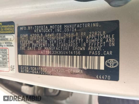 2005 Toyota Camry STD with VIN 4T1BE32K95U414156, listed as a IAAI auction lot 42774820 with 203,235 mi miles and . Bid and sale history available at DreamBid. Image 9.