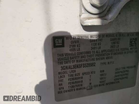 2015 Chevrolet Captiva Sport LT с VIN 3GNAL3EK6FS528982, выставлен на аукционе Copart как лот 75797594 с пробегом 95 795 миль миль и Списание • Salvage title. История ставок и продаж доступна на DreamBid. Изображение 13.