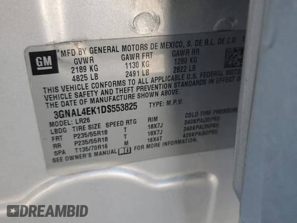 2013 Chevrolet Captiva Sport LTZ z VIN 3GNAL4EK1DS553825, wystawiony jako Copart lot #70688175 z przebiegiem Nie podano mil oraz Szkoda całkowita • Salvage title. Historia ofert i sprzedaży dostępna na DreamBid. Obrazek 12.