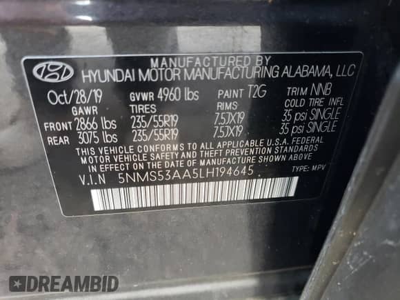 2020 Hyundai Santa Fe Limited with VIN 5NMS53AA5LH194645, listed as a Copart auction lot 63310642 with Not provided miles and . Bid and sale history available at DreamBid. Image 10.