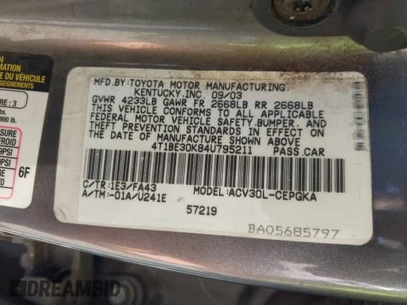 2004 Toyota Camry LE with VIN 4T1BE30K84U795211, listed as a IAAI auction lot 43341888 with 241,915 mi miles and . Bid and sale history available at DreamBid. Image 9.