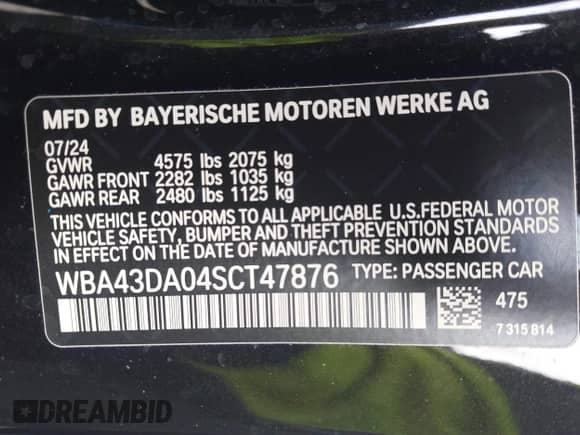 2025 BMW 4 Series 430i with VIN WBA43DA04SCT47876, listed as a IAAI auction lot 42938187 with 22,001 mi miles and . Bid and sale history available at DreamBid. Image 9.