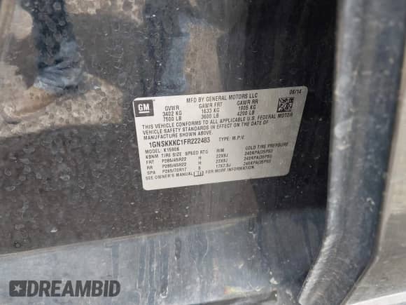 2015 Chevrolet Suburban LTZ с VIN 1GNSKKKC1FR222483, выставлен на аукционе IAAI как лот 42172659 с пробегом 200 037 миль миль и . История ставок и продаж доступна на DreamBid. Изображение 9.