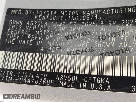 2015 Toyota Camry SE с VIN 4T1BF1FK9FU073774, выставлен на аукционе IAAI как лот 43405346 с пробегом 188 217 миль миль и . История ставок и продаж доступна на DreamBid. Изображение 9.