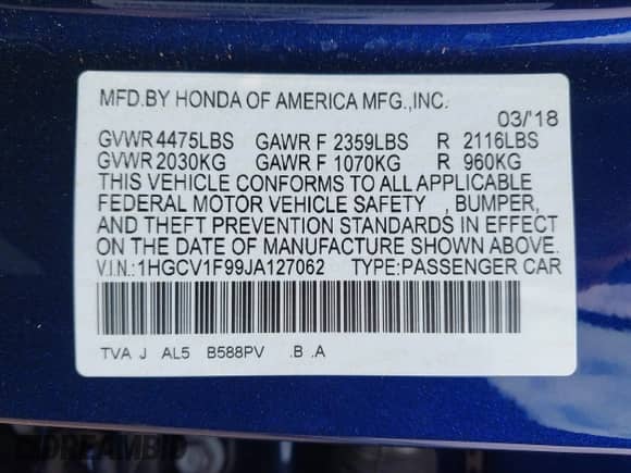 2018 Honda Accord Touring with VIN 1HGCV1F99JA127062, listed as a IAAI auction lot 43267783 with 89,673 mi miles and . Bid and sale history available at DreamBid. Image 9.