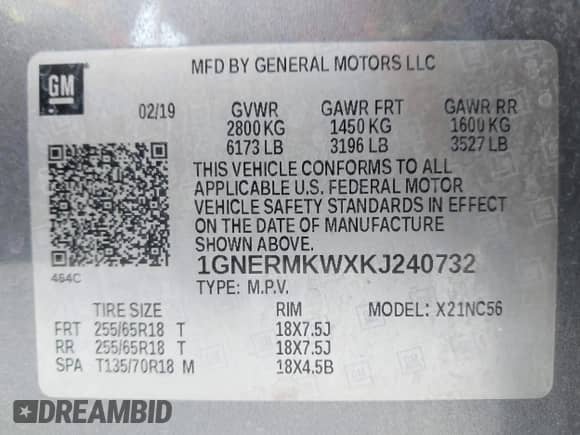 2019 Chevrolet Traverse LT Cloth с VIN 1GNERMKWXKJ240732, выставлен на аукционе IAAI как лот 41035467 с пробегом 127 652 миль миль и . История ставок и продаж доступна на DreamBid. Изображение 9.