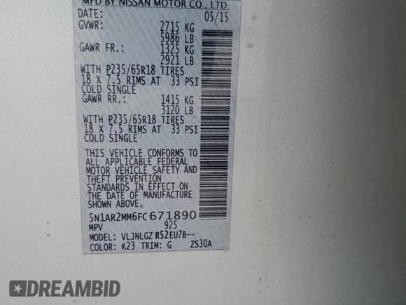 2015 Nissan Pathfinder Platinum with VIN 5N1AR2MM6FC671890, listed as a Copart auction lot 65613745 with 157,995 mi miles and Salvage title. Bid and sale history available at DreamBid. Image 12.