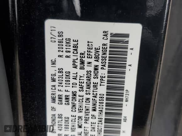 2017 Honda Accord EX-L with VIN 1HGCT2A81HA006580, listed as a Copart auction lot 59894025 with 109,691 mi miles and Clean title. Bid and sale history available at DreamBid. Image 12.