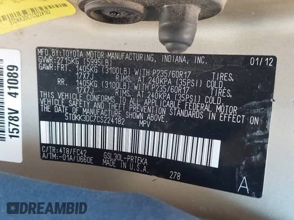 2012 Toyota Sienna LE AAS z VIN 5TDKK3DC7CS224182, wystawiony jako IAAI lot #43201806 z przebiegiem 218 893 mil mil oraz . Historia ofert i sprzedaży dostępna na DreamBid. Obrazek 9.