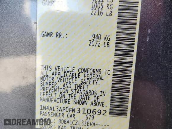 2015 Nissan Altima SL with VIN 1N4AL3AP0FN310692, listed as a Copart auction lot 81451965 with 140,982 mi miles and Salvage title. Bid and sale history available at DreamBid. Image 12.