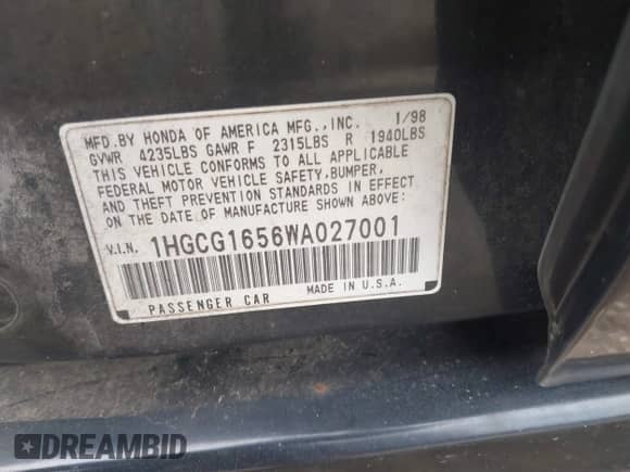 1998 Honda Accord EX с VIN 1HGCG1656WA027001, выставлен на аукционе IAAI как лот 42859645 с пробегом 190 484 миль миль и . История ставок и продаж доступна на DreamBid. Изображение 9.