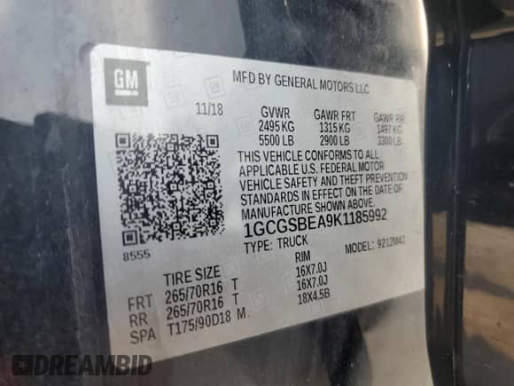 2019 Chevrolet Colorado 2WD Work Truck с VIN 1GCGSBEA9K1185992, выставлен на аукционе Copart как лот 66843235 с пробегом 139 001 миль миль и Списание • Salvage title. История ставок и продаж доступна на DreamBid. Изображение 12.