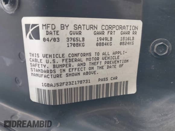 2003 Saturn ION ION 2 with VIN 1G8AJ52F23Z178731, listed as a IAAI auction lot 41953863 with 195,111 mi miles and . Bid and sale history available at DreamBid. Image 9.