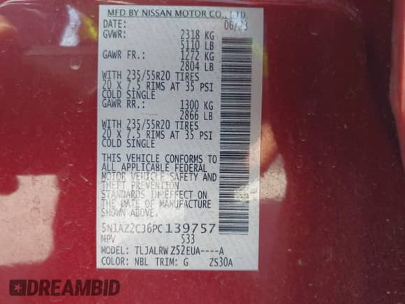 2023 Nissan Murano SL with VIN 5N1AZ2CJ6PC139757, listed as a IAAI auction lot 42789139 with 24,859 mi miles and . Bid and sale history available at DreamBid. Image 9.