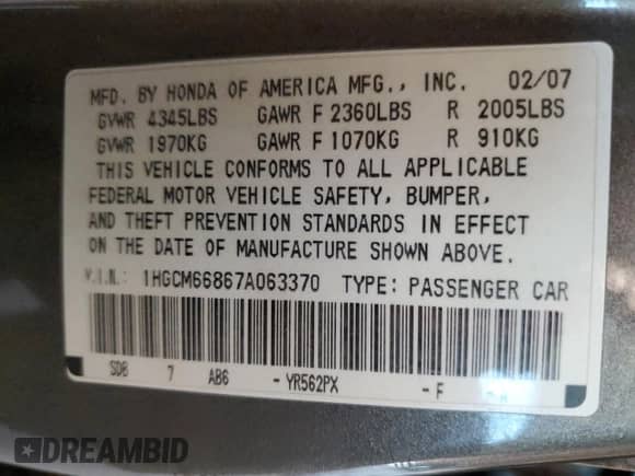 2007 Honda Accord EX-L z VIN 1HGCM66867A063370, wystawiony jako Copart lot #66243175 z przebiegiem 191 566 mil mil oraz Szkoda całkowita • Salvage title. Historia ofert i sprzedaży dostępna na DreamBid. Obrazek 12.