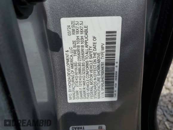 2024 Honda Odyssey EX-L z VIN 5FNRL6H67RB044781, wystawiony jako Copart lot #67966845 z przebiegiem 15 828 mil mil oraz Szkoda całkowita • Salvage title. Historia ofert i sprzedaży dostępna na DreamBid. Obrazek 14.
