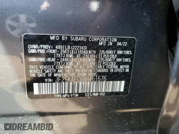 2022 Subaru Forester Premium z VIN JF2SKAEC6NH461676, wystawiony jako Copart lot #81428625 z przebiegiem 36 816 mil mil oraz Szkoda całkowita • Salvage title. Historia ofert i sprzedaży dostępna na DreamBid. Obrazek 12.