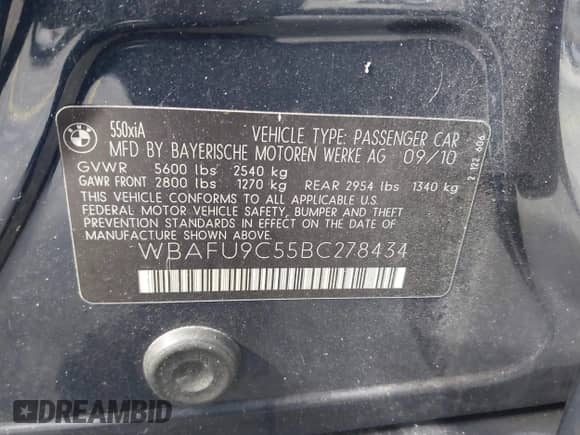 2011 BMW 5 Series 550i xDrive with VIN WBAFU9C55BC278434, listed as a IAAI auction lot 43164593 with 148,247 mi miles and . Bid and sale history available at DreamBid. Image 9.
