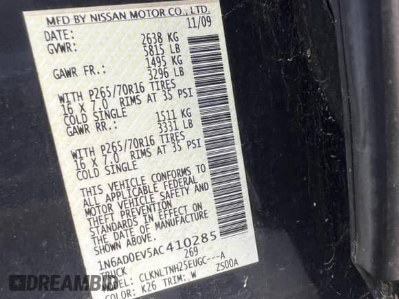 2010 Nissan Frontier LE with VIN 1N6AD0EV5AC410285, listed as a Copart auction lot 84605955 with 199,787 mi miles and Clean title. Bid and sale history available at DreamBid. Image 10.