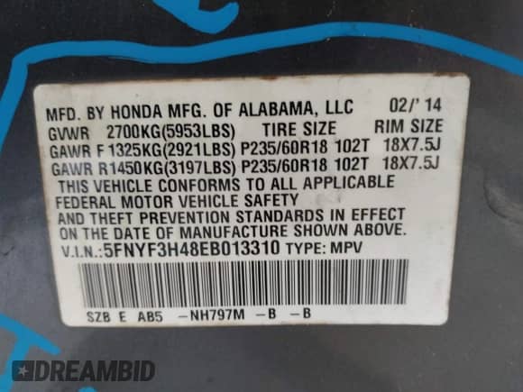 2014 Honda Pilot EX with VIN 5FNYF3H48EB013310, listed as a IAAI auction lot 43411367 with 134,710 mi miles and . Bid and sale history available at DreamBid. Image 9.