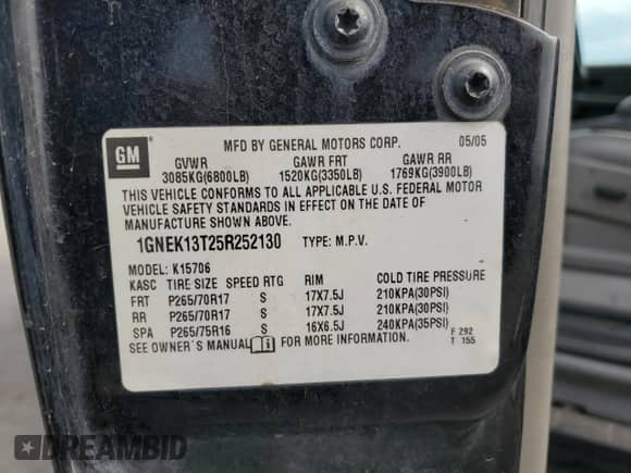 2005 Chevrolet Tahoe Z71 with VIN 1GNEK13T25R252130, listed as a Copart auction lot 70705725 with 240,574 mi miles and Salvage title. Bid and sale history available at DreamBid. Image 14.