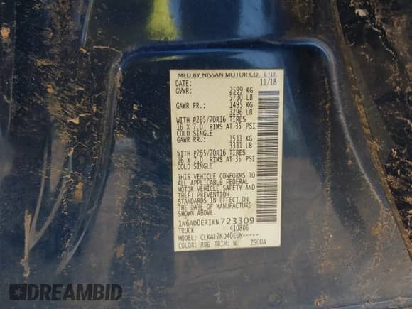 2019 Nissan Frontier S with VIN 1N6AD0ER1KN723309, listed as a IAAI auction lot 42148419 with Not provided miles and . Bid and sale history available at DreamBid. Image 9.