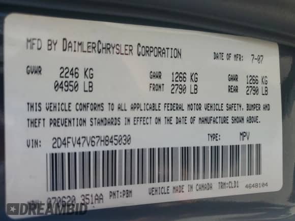 2007 Dodge Magnum with VIN 2D4FV47V67H845030, listed as a Copart auction lot 53622655 with Not provided miles and Salvage title. Bid and sale history available at DreamBid. Image 14.