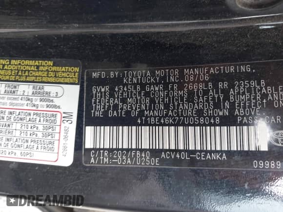 2007 Toyota Camry CE с VIN 4T1BE46K77U058048, выставлен на аукционе IAAI как лот 43346130 с пробегом 225 889 миль миль и . История ставок и продаж доступна на DreamBid. Изображение 9.