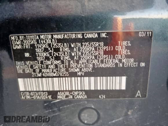 2011 Toyota RAV4 Sport with VIN 2T3WF4DV8BW078255, listed as a Copart auction lot 71819775 with 243,880 mi miles and Salvage title. Bid and sale history available at DreamBid. Image 13.