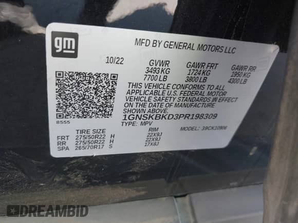 2023 Chevrolet Suburban LS z VIN 1GNSKBKD3PR198309, wystawiony jako IAAI lot #42504153 z przebiegiem Nie podano mil oraz . Historia ofert i sprzedaży dostępna na DreamBid. Obrazek 9.