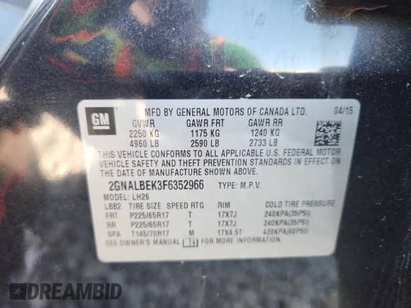 2015 Chevrolet Equinox LT z VIN 2GNALBEK3F6352966, wystawiony jako Copart lot #84653945 z przebiegiem 229 008 mil mil oraz Szkoda całkowita • Salvage title. Historia ofert i sprzedaży dostępna na DreamBid. Obrazek 13.