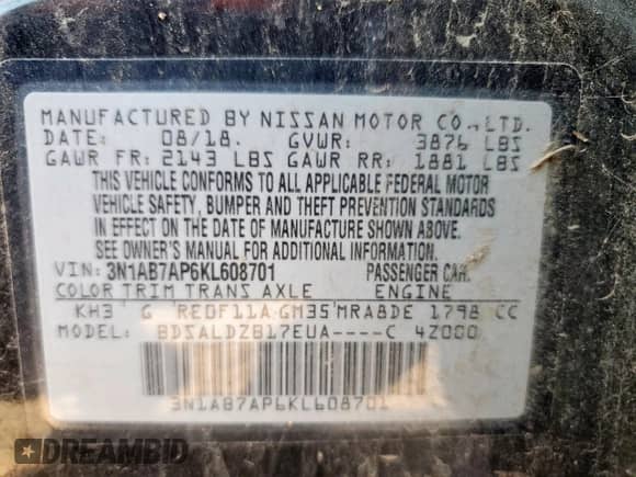 2019 Nissan Sentra SV with VIN 3N1AB7AP6KL608701, listed as a Copart auction lot 84302615 with Not provided miles and Clean title. Bid and sale history available at DreamBid. Image 12.