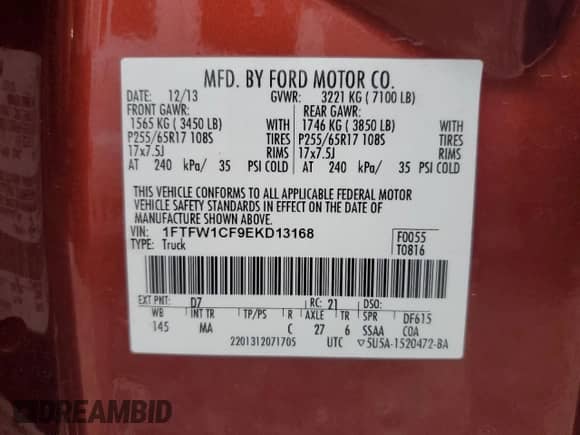 2014 Ford F-150 XL with VIN 1FTFW1CF9EKD13168, listed as a Copart auction lot 44711995 with 129,766 mi miles and Salvage title. Bid and sale history available at DreamBid. Image 12.