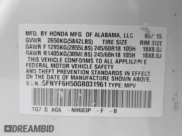 2016 Honda Pilot EX-L z VIN 5FNYF6H50GB031961, wystawiony jako IAAI lot #42177304 z przebiegiem 152 118 mil mil oraz . Historia ofert i sprzedaży dostępna na DreamBid. Obrazek 9.