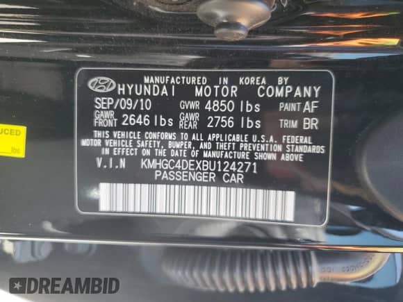 2011 Hyundai Genesis with VIN KMHGC4DEXBU124271, listed as a Copart auction lot 69627815 with 73,166 mi miles and Salvage title. Bid and sale history available at DreamBid. Image 12.