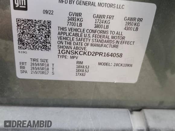 2023 Chevrolet Suburban LT with VIN 1GNSKCKD2PR164058, listed as a Copart auction lot 70387065 with 58,551 mi miles and Salvage title. Bid and sale history available at DreamBid. Image 14.